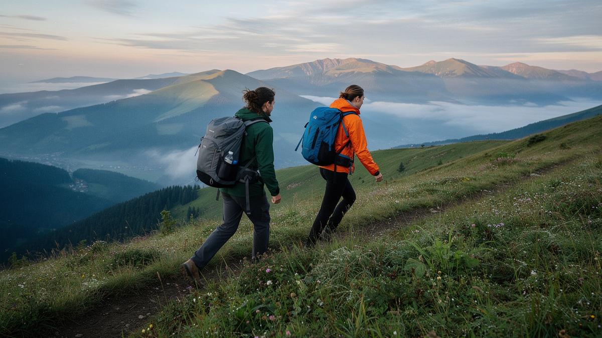 Hikers on a ridge above Yaremche in the Carpathians at sunrise