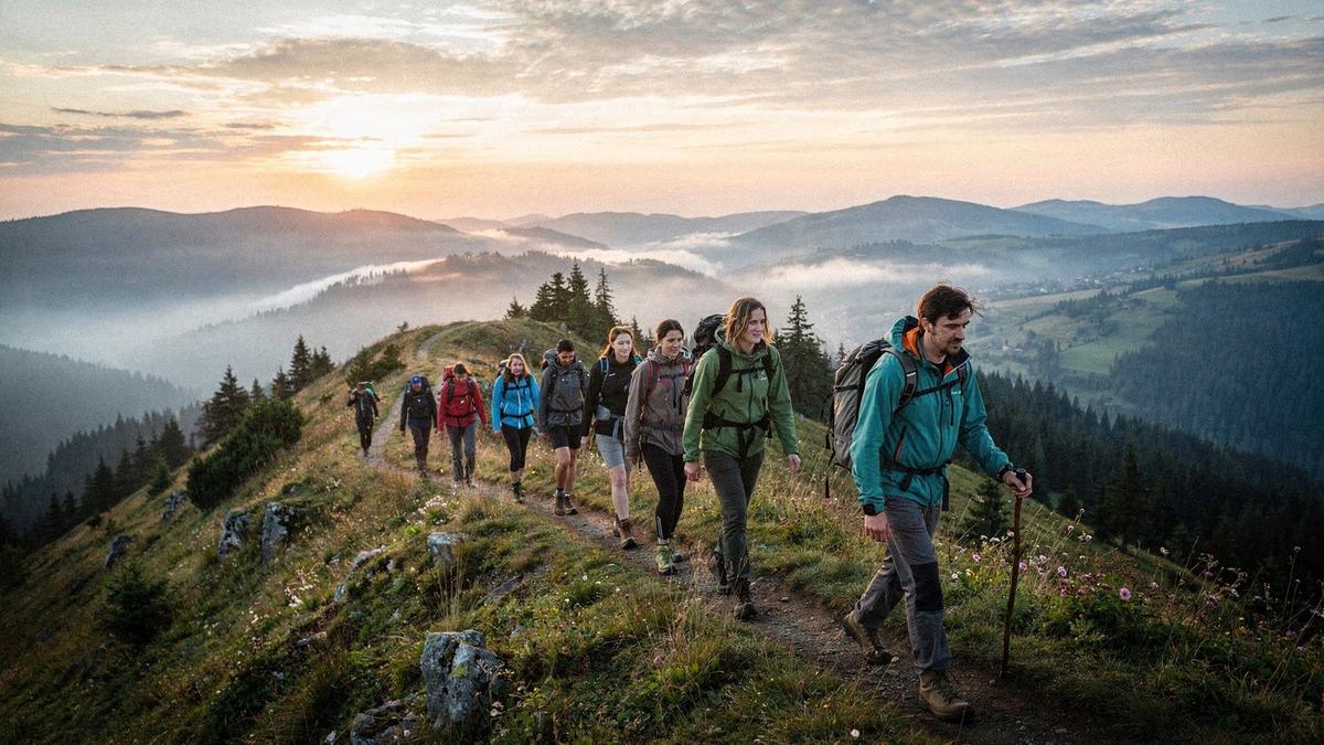 A group of eight hikers following a local guide along a ridge trail in the Carpathians before sunrise